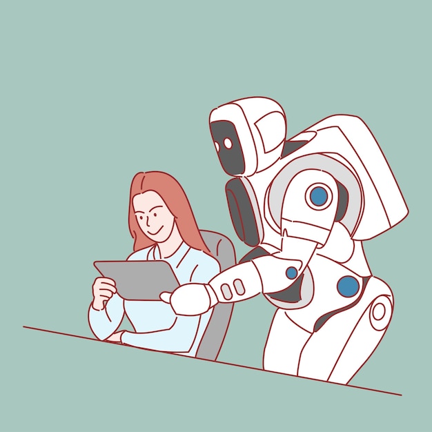 Дружба с концепцией искусственного интеллекта. Улыбающаяся молодая женщина и с белым роботом. Рука рисовать