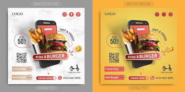 Vettore modello di promozione dell'ordine online di patatine fritte e hamburger