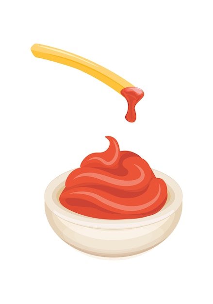 Frieten die in ketchup onderdompelen. gebakken aardappelen in tomatensaus, knapperige gouden aardappel, cartoon vectorillustratie