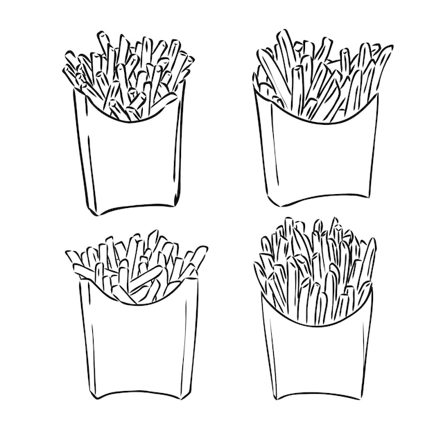 Frietjes vliegen naar papier doos Schets stijl hand getekende illustratie Gebakken aardappel Fast food retro kunstwerk Vector afbeelding geïsoleerd op wit