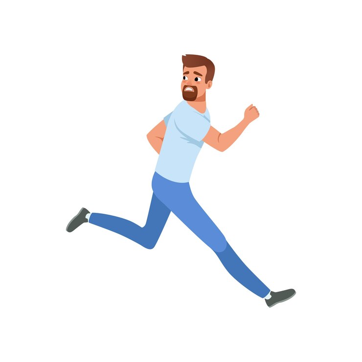 Vector frightened bearded man running away looking back cartoon character of young guy with scared face