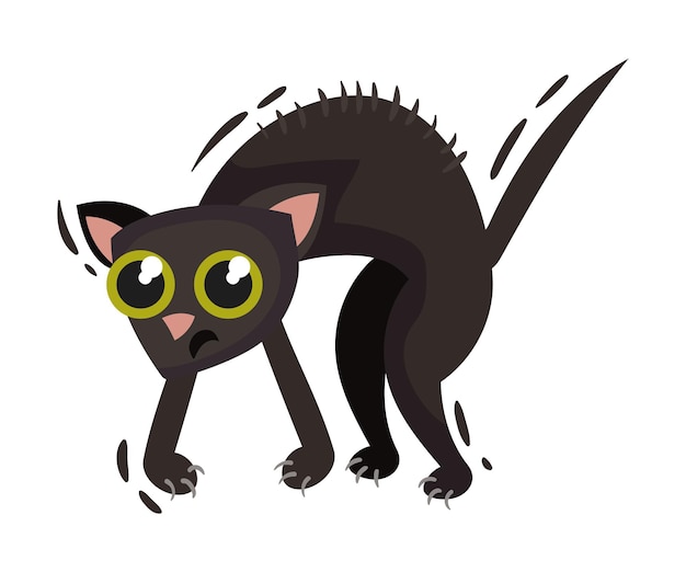 Frightened black cat with big eyes and a curved back Vector illustration on a white background