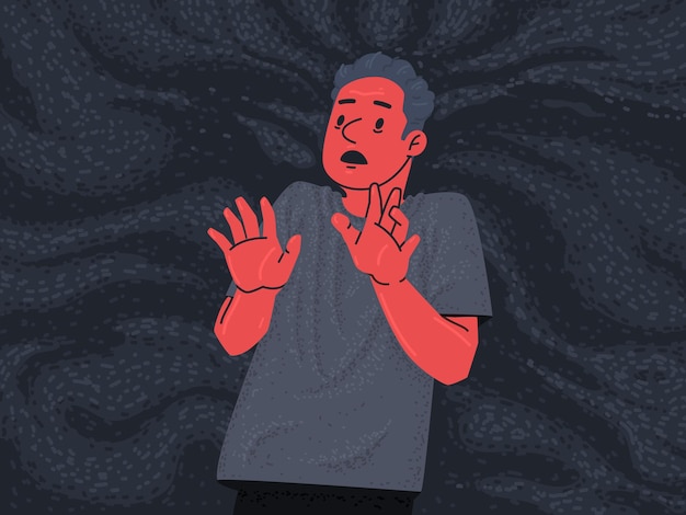 A frightened man in a pool of fear. Phobias and mental disorders. Vector illustration in flat style