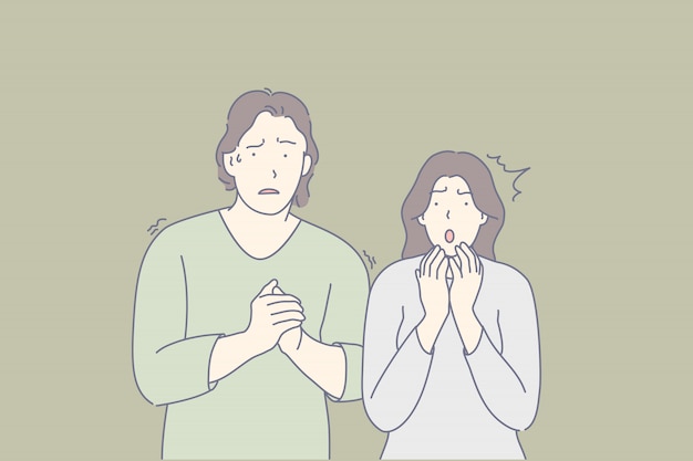 Frightened people, scared couple, shocked friends concept