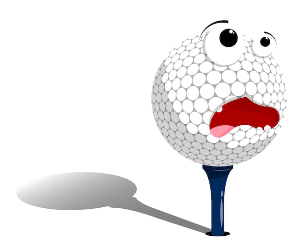 Вектор Испуганный мяч для гольфа стоит на подставке для чая и ждет удара. спортивное оборудование. забавный мультяшный вектор.