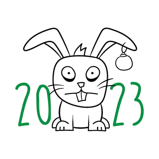 Frightened tired cartoon rabbit with a Christmas ball in his ear Symbol of 2023