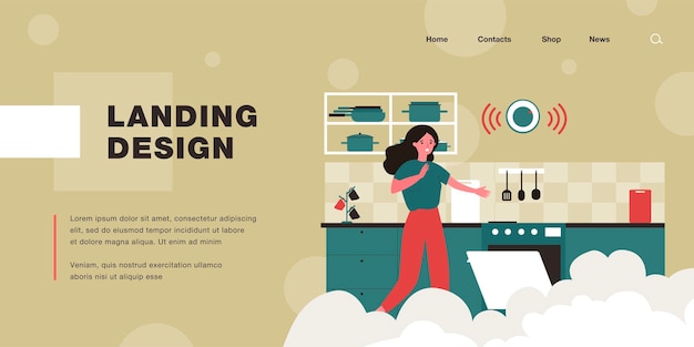 煙のようなキッチンでオーブンを開くおびえた女性。フラットベクトルイラスト。時間内にオーブンをオフにするのを忘れて、夕食を台無しにする女の子。調理、食品、火、デザインまたはランディングページの安全コンセプト