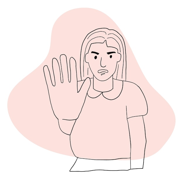 A frightened woman puts her hand forward A gesture of stopping Human emotion line art vector