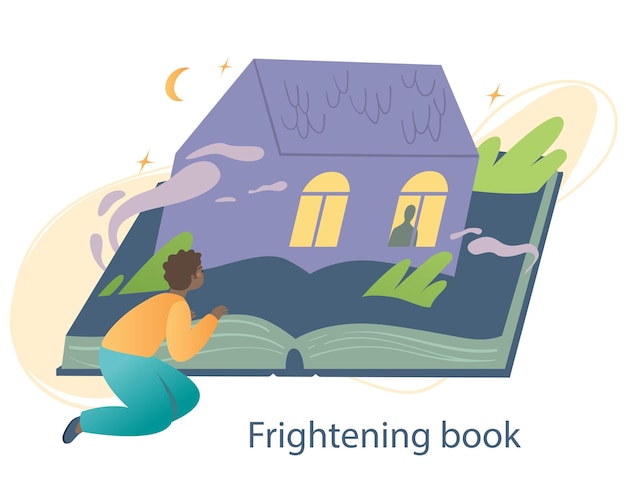 Vector frightening book concept boy reads horror book and gets very scared mystical history house with