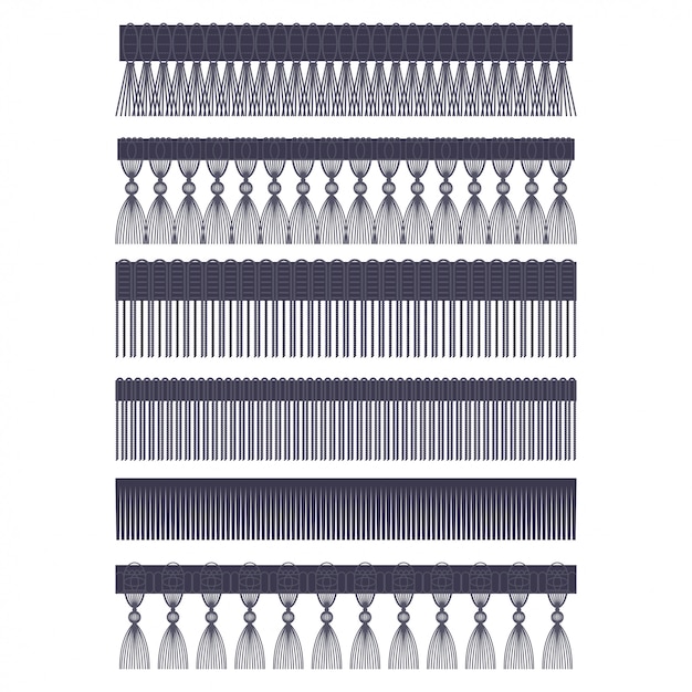 Fringe edge with brush and tassel trim vector set of seamless borders isolated on a white background.