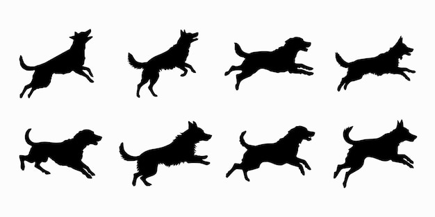 Vector frisbee dog silhouette vector art set dog catching frisbee pose silhouette