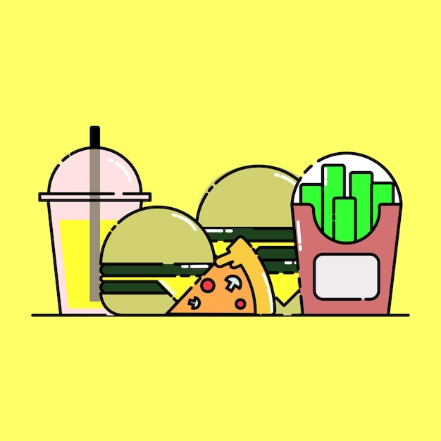 Vector frisdrank, friet, burger, kaas, pizza, fastfood, leuke illustratie, platte cartoon stijl.