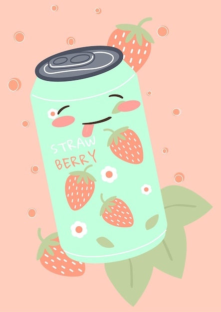 Frisdrankblikje Leuke aluminium pot met aardbei zoete drankjes kawaii sap of cocktail in metalen fles Berry tonic happy food mascotte grappige verpakking vector cartoon plat geïsoleerde illustratie