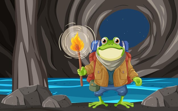 Vector frog backpacker explores in the cave