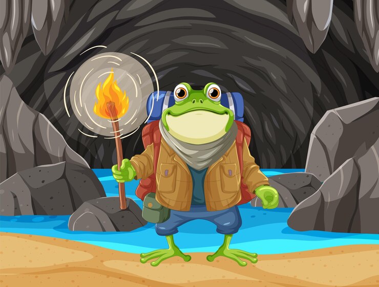 Vector frog backpacker explores in the cave
