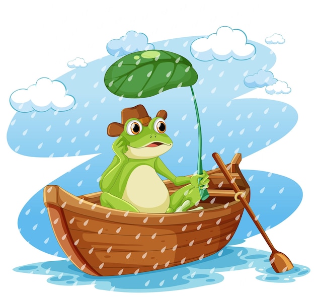 Vector frog on boat in the rain