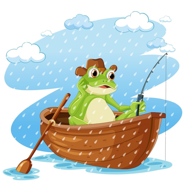 雨の中のボートに乗るカエル