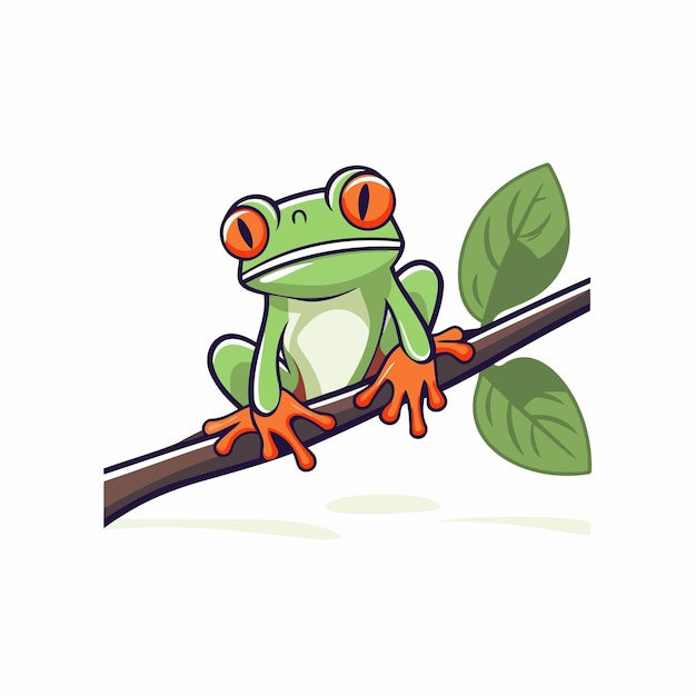 Frog on a branch Vector illustration in cartoon style isolated on white background