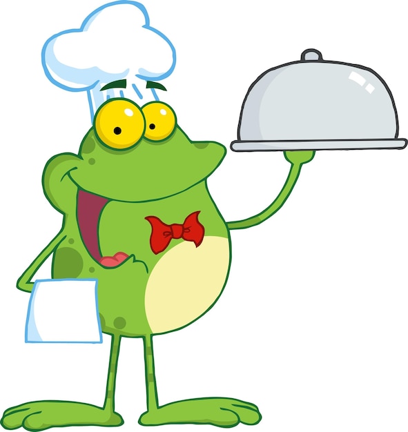 Frog Cartoon Character Chef Serving Food In A Sliver Platter