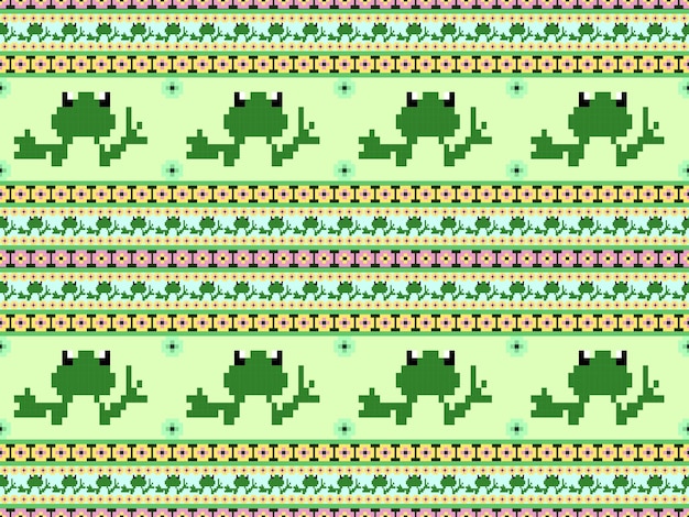 Frog cartoon character seamless pattern on green backgroundpixel style