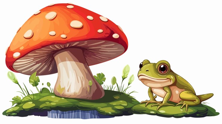 Vector frog catching fly near giant action animal wildlife illustration