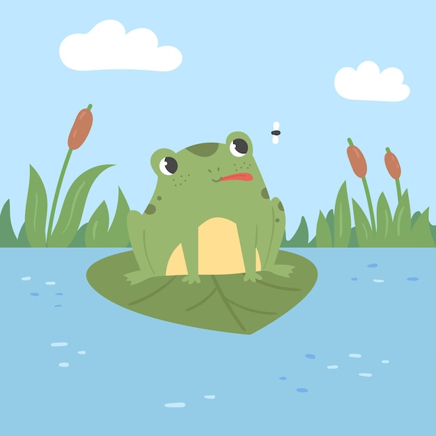 Vector frog catching a fly and sitting on water lily leaf