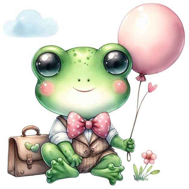 frog cute holding balloons clipart watercolor