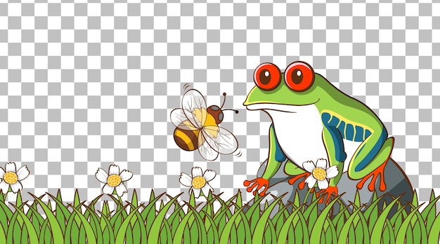 Frog on the grass field on transparent background