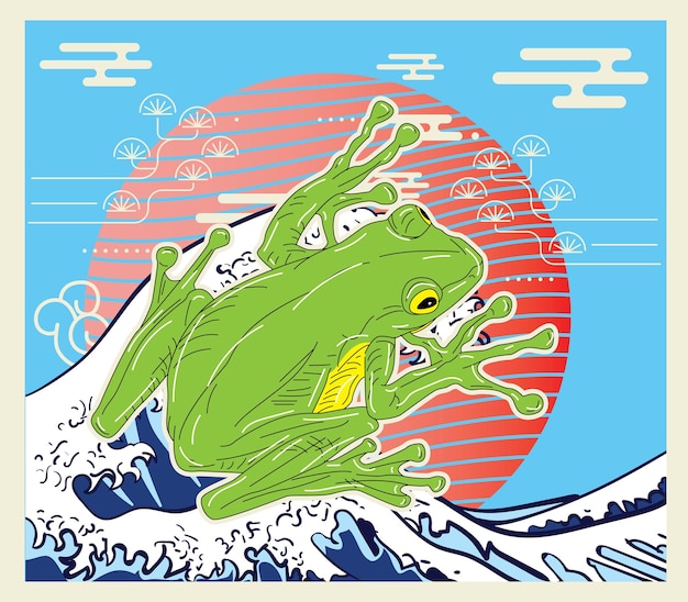 frog illustration with japanese style background