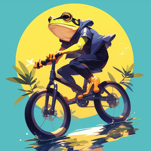 A frog is riding a unicycle cartoon style