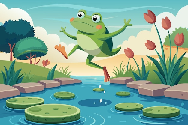 Vector a frog jumping from one stepping stone to another in a pond