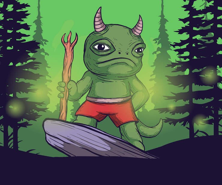 Vector frog monster, with magic wand, digital painting mascot illustration.
