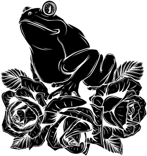 ベクトル 白い背景の葉のあるバラのイラストデザインのカエル
