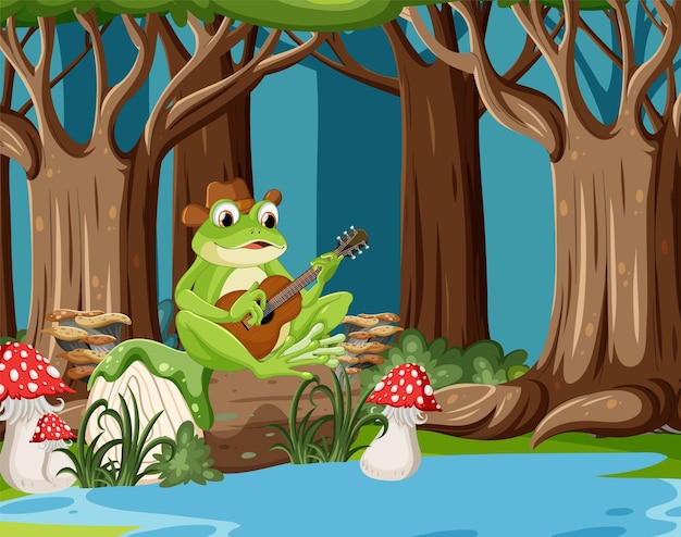 Frog playing guitar in the forest