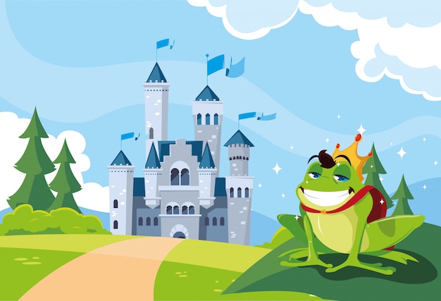 Frog prince with castle fairytale in mountainous landscape