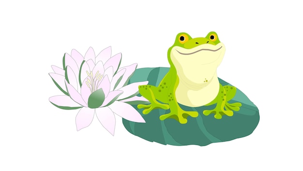 Vector a frog sits on a lily pad with a lotus flower in the background.