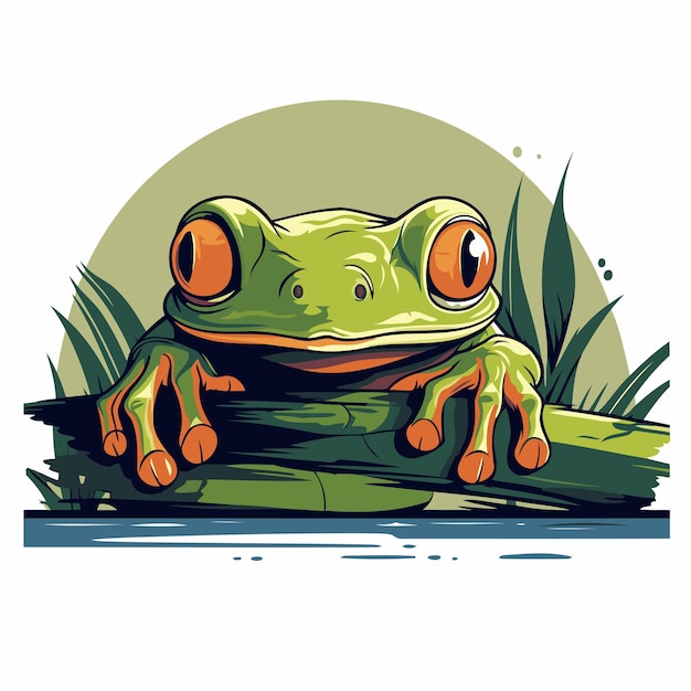 Frog sitting on a branch in the grass Vector illustration