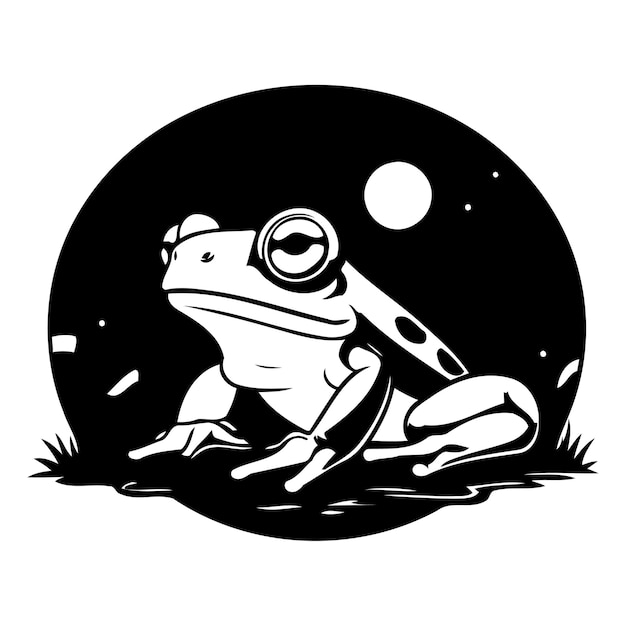 Frog sitting on the grass at night vector illustration in cartoon style