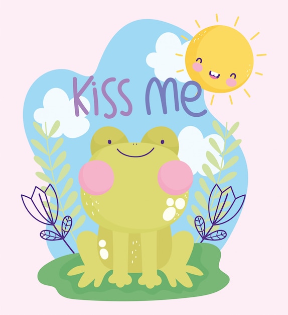 Frog sitting grass sky cartoon cute text