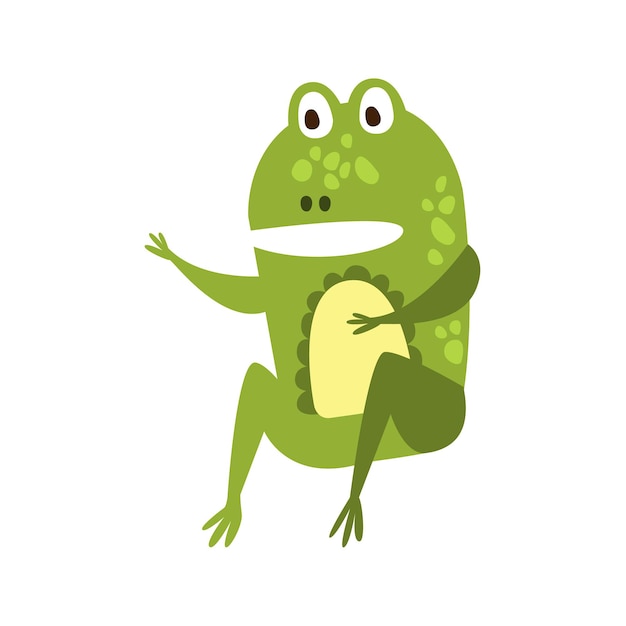 Frog sitting like man speaking flat cartoon green friendly\
reptile animal character drawing