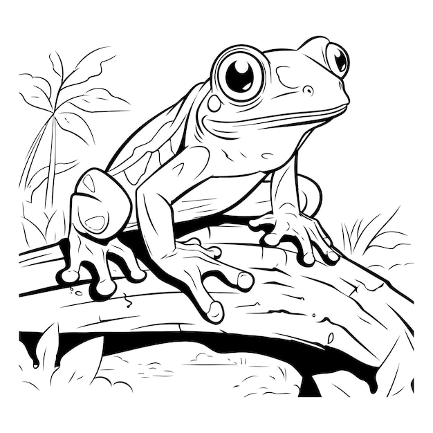 Frog sitting on a log black and white vector illustration