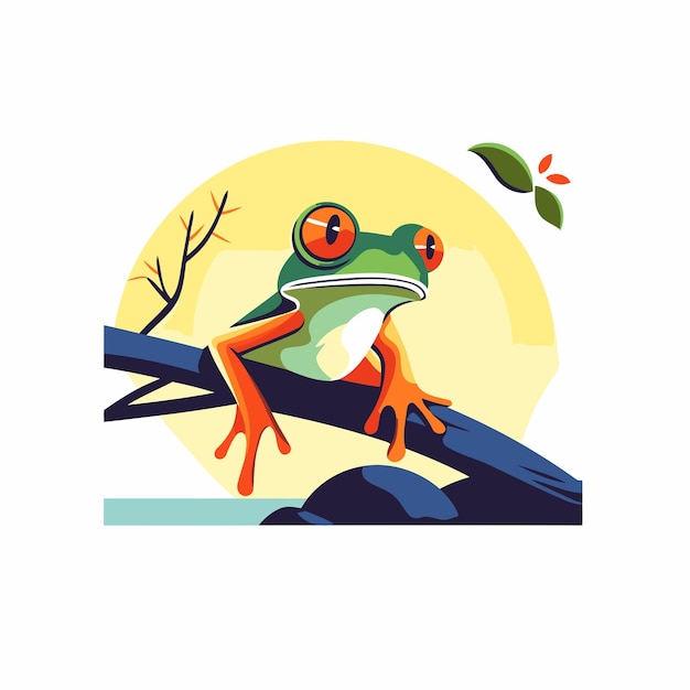 Frog sitting on a tree branch Vector illustration in flat style