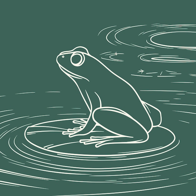 frog sitting on water lily pad minimal line art drawing illustration