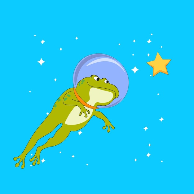 A frog in a space suit is floating in a space with a star on the bottom.