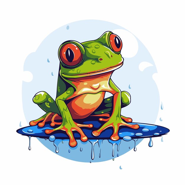 Frog on the surfboard vector illustration in cartoon style