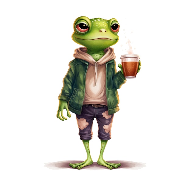 Vector froggy drinking coffe watercolor paint