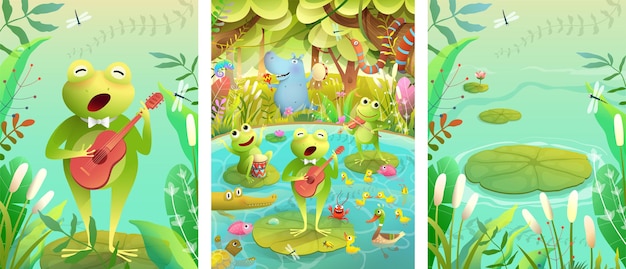 Vector frogs and other pond animals concert on the lake. frog playing guitar and singing song. collection of swamp animals and nature background, fantasy illustration for children in watercolor style.