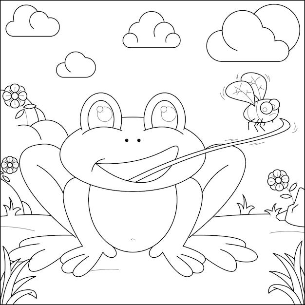 Frogs prey on insects suitable for children's coloring page vector illustration