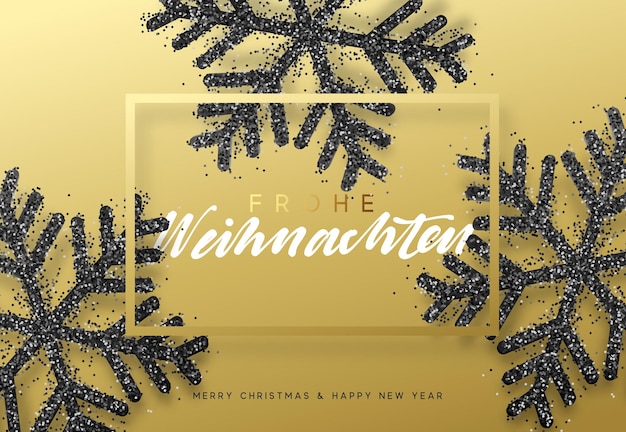 Frohe weihnachten. xmas background with shining black snowflakes. christmas greeting card vector illustration.