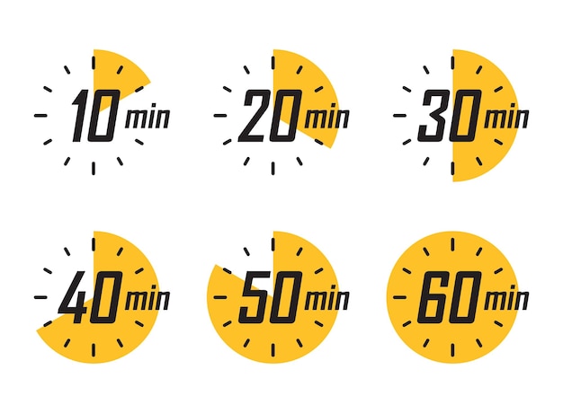 Vector from 10 minites to 60 minutes on stopwatch icon in flat style clock face timer vector illustration on isolated background countdown sign business concept